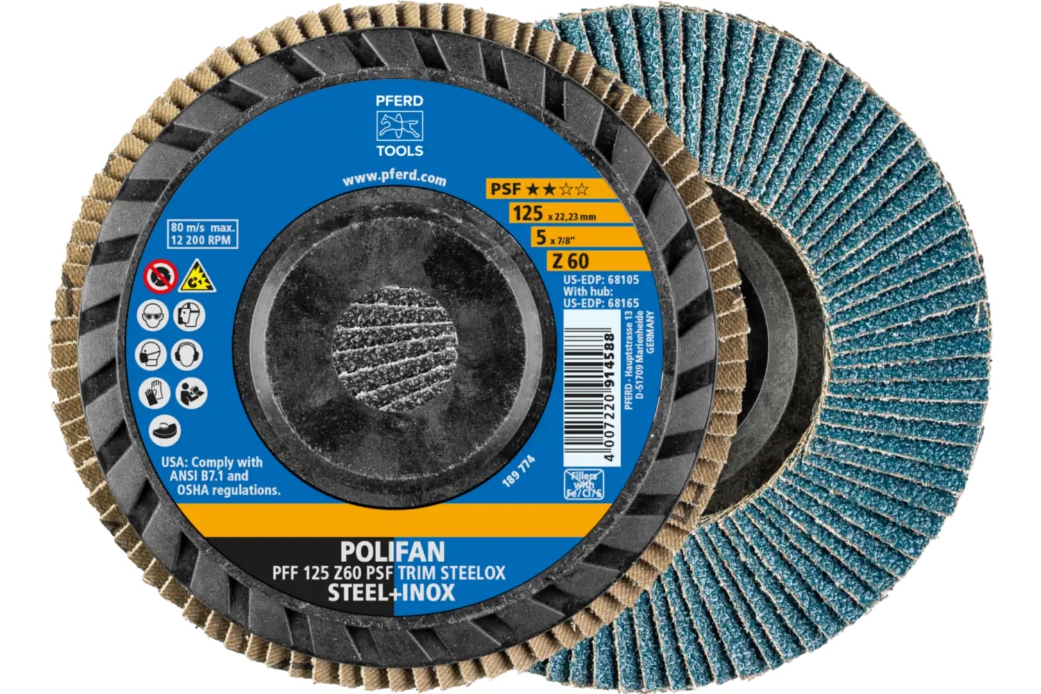 Picture of Pferd Flap Disc, 5" x 7/8, Z PSF Trim Steelox, 60 Grit, T27, Flat, Zirconia